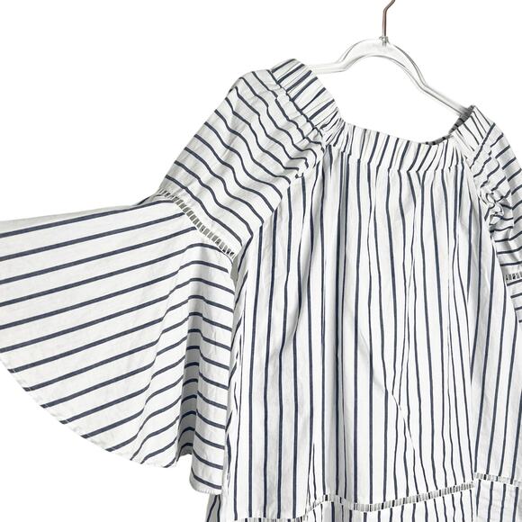 Striped Off The Shoulder Ruffle Bell Sleeve Blouse White Navy Womens Size Small - Picture 5 of 10